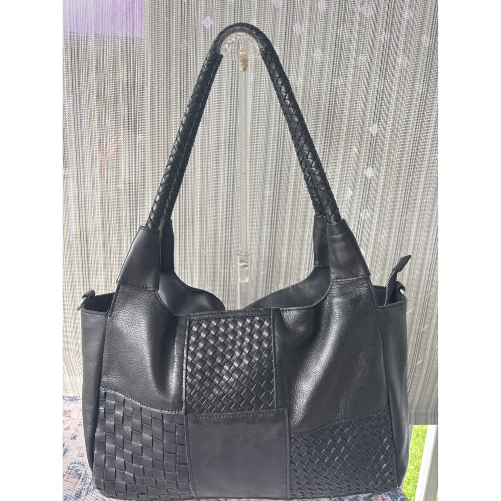 Patricia Nash Black Leather Woven Patchwork Shoulder Bag Braided Straps Tote